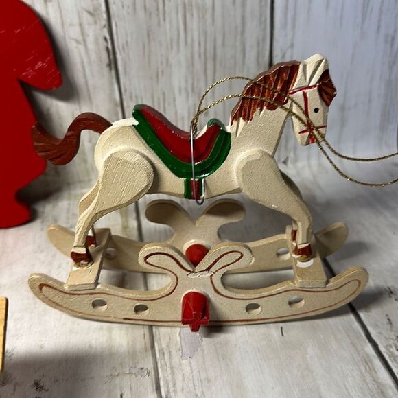 Vintage Wooden Christmas Ornaments 2 Rocking Horses Red Green Dress Lady - Picture 8 of 9